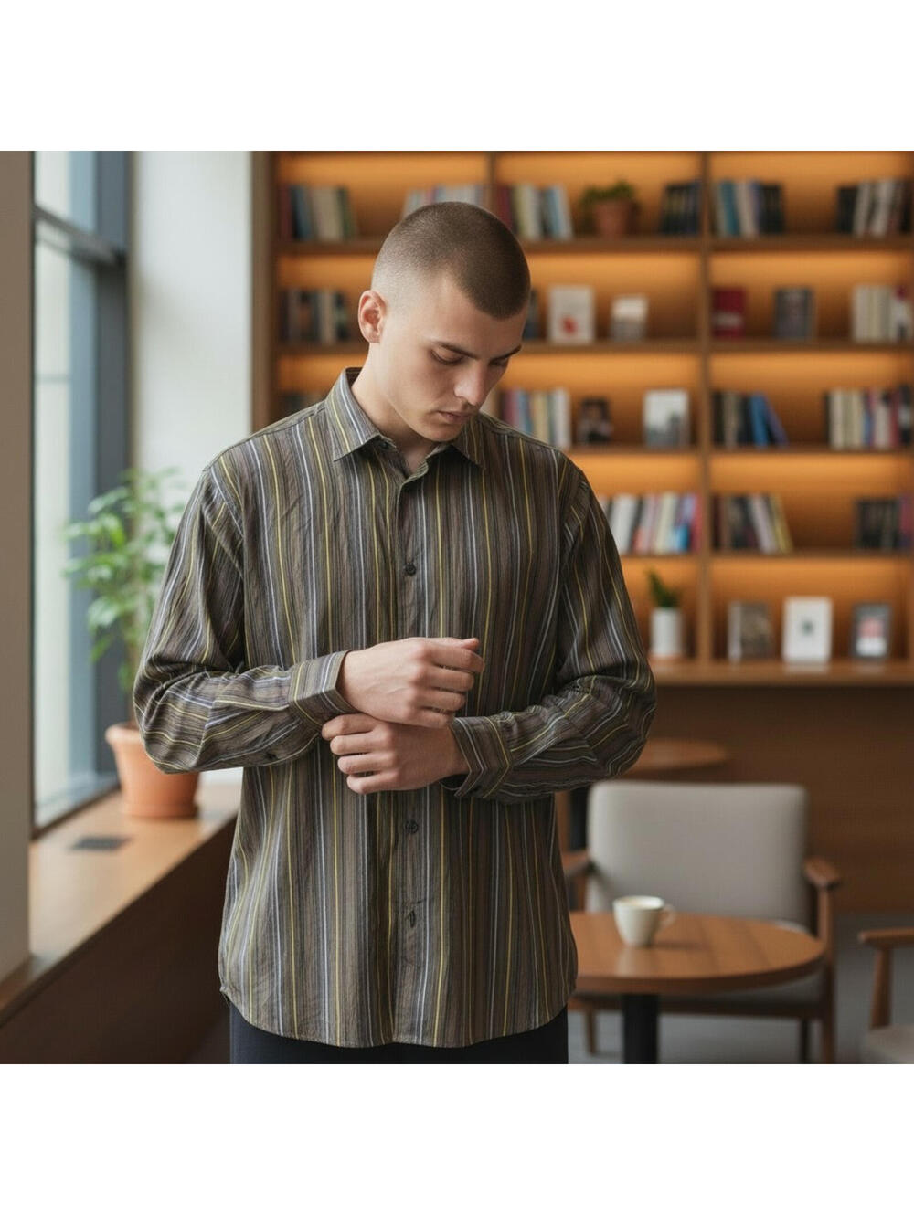 Calvin Klein Men's L Modern Fit Brown Gold Striped Shirt